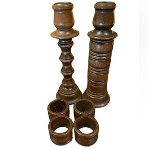 VTG Homco 1960's Wood Turned Candlestick Holders w/8 Removable Napkin Rings